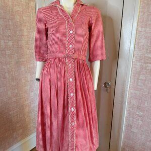 Vintage Red & White Gingham Plaid 50's Shirtwaist Dress w/ Matching Belt sz XS